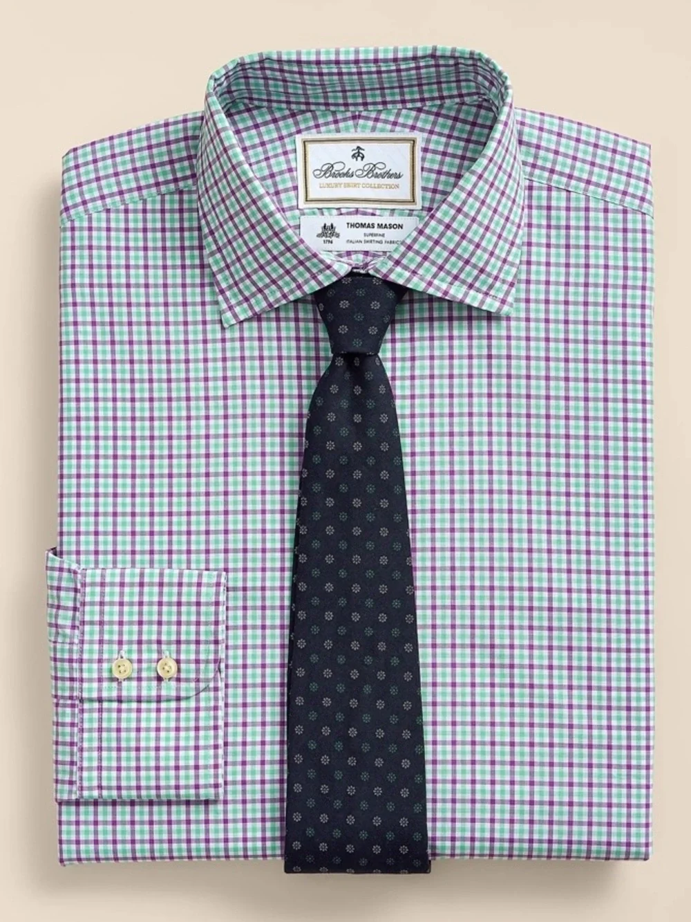 Brooks Brothers Thomas Mason Purple Green Check Dress Shirt NWT 17/33 Slim Fit